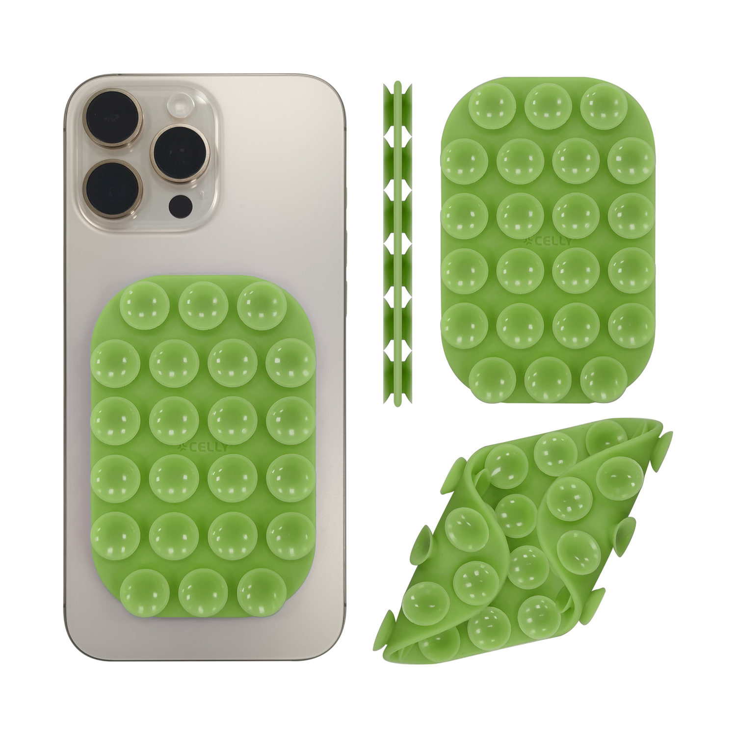 Impugnatura per telefono con ventose verdi su un telefono e viste separate.