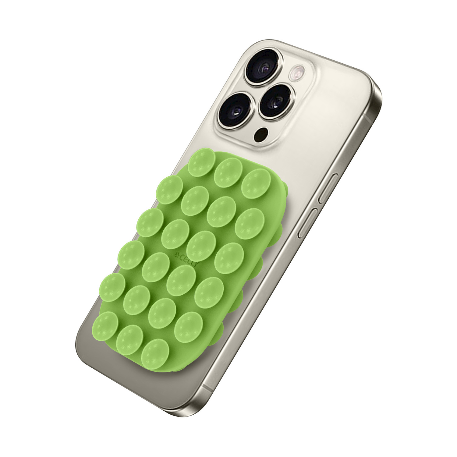 Un supporto a ventosa verde chiaro è attaccato al retro di uno smartphone argentato.