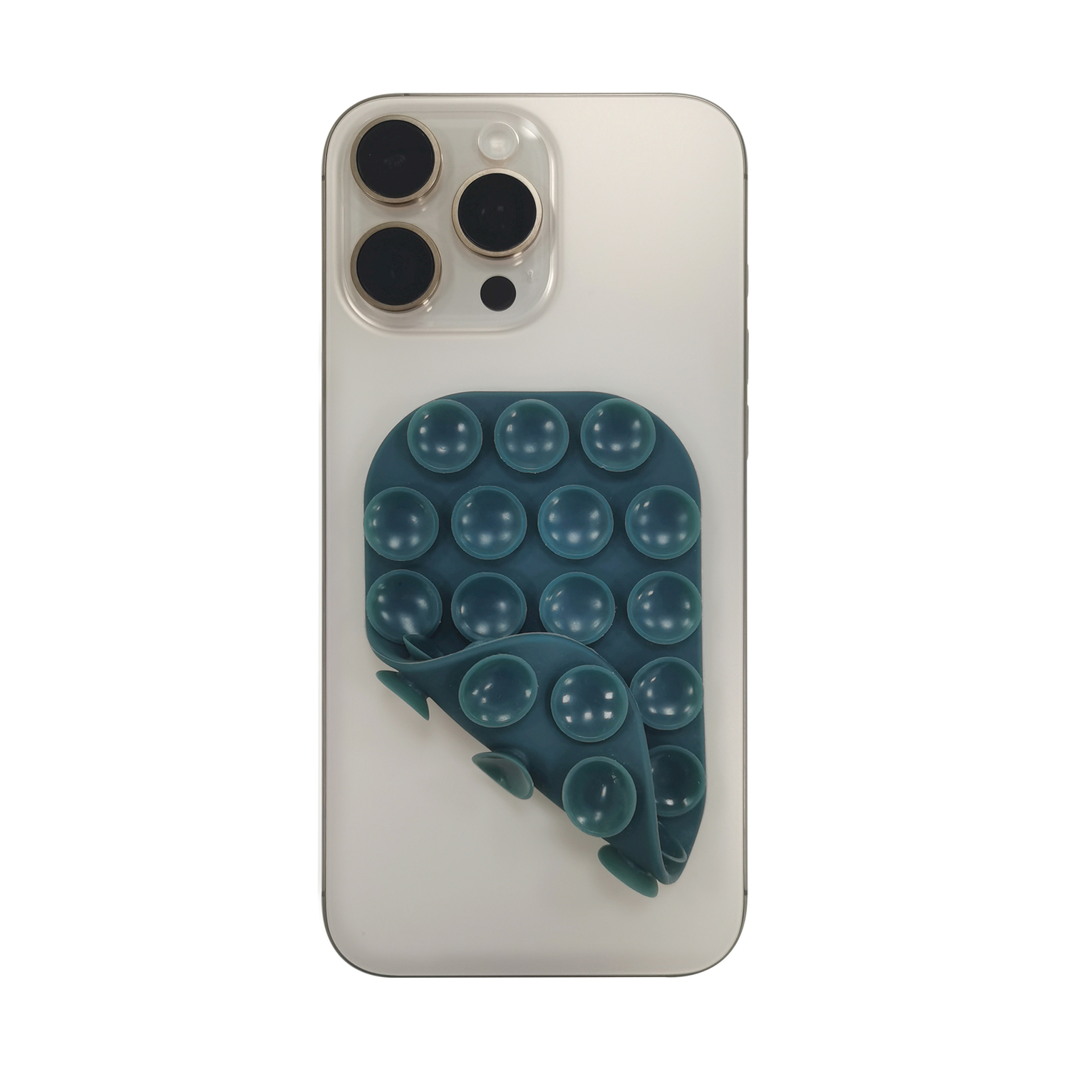 Un iPhone con una custodia pop-it verde acqua con bolle sul retro.