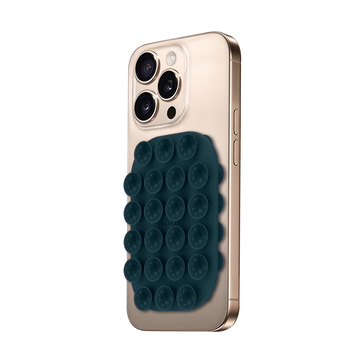 Retro di uno smartphone dorato con un supporto per telefono a ventose blu scuro.