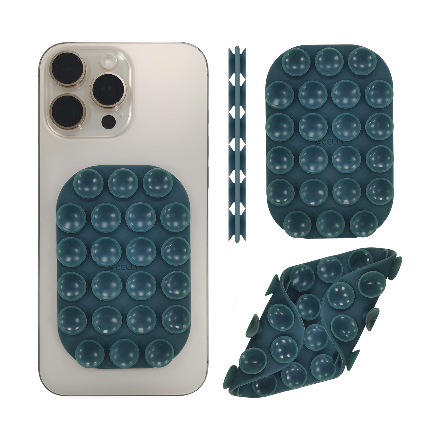 Uno smartphone con un tappetino a bolle blu petrolio sul retro, più un tappetino singolo e uno piegato.