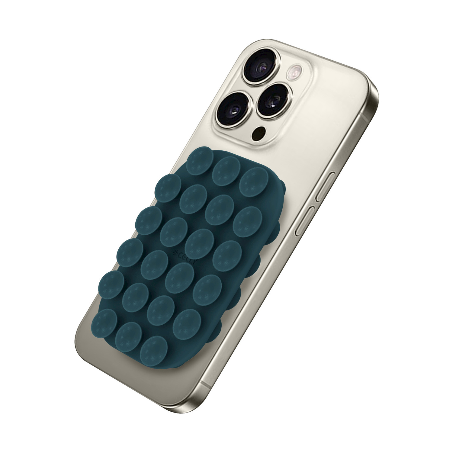 Una presa a ventosa blu petrolio attaccata al retro di uno smartphone.