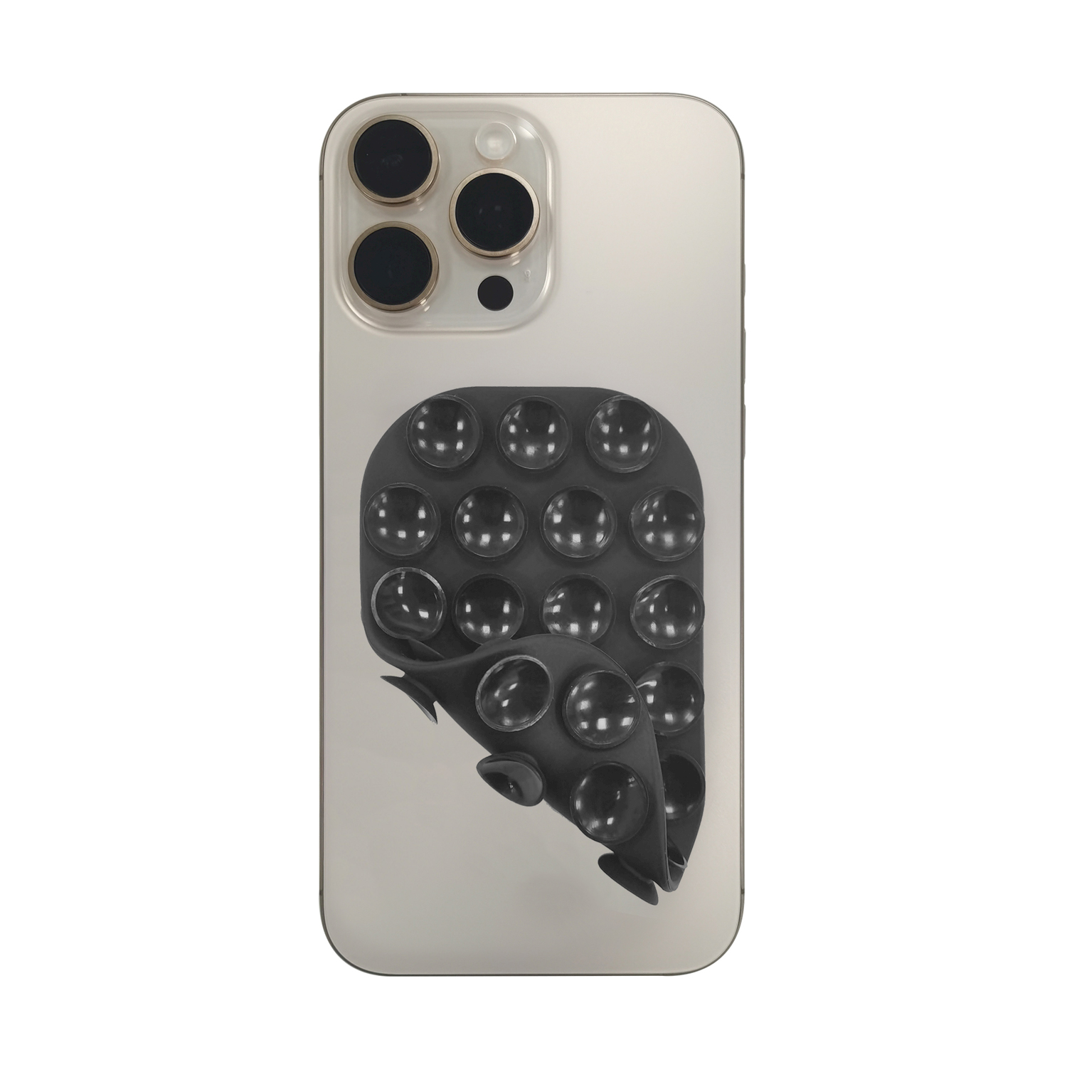 Uno smartphone con quattro fotocamere e un supporto a ventosa nero sul retro.