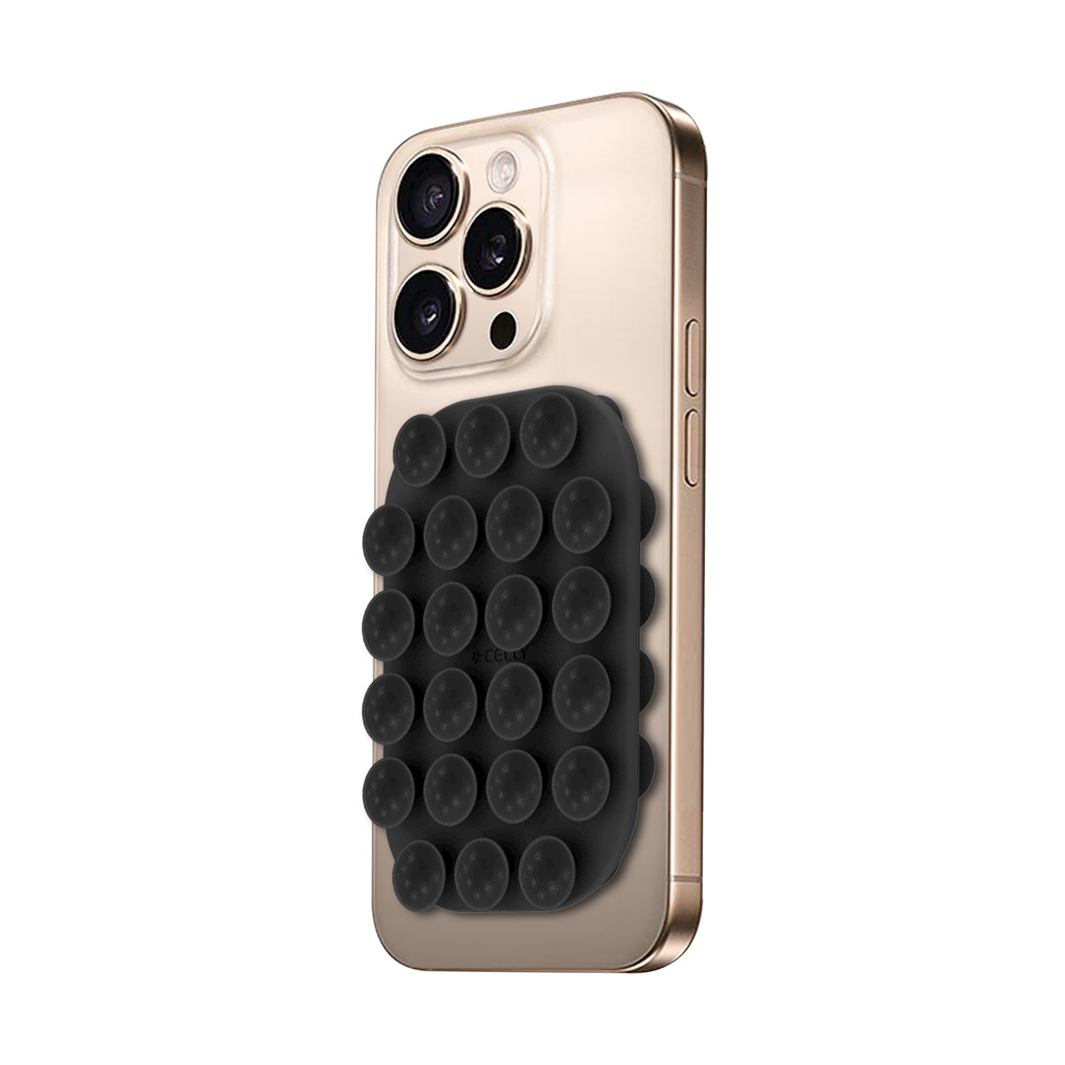 Smartphone dorato con supporto nero a ventose sul retro.