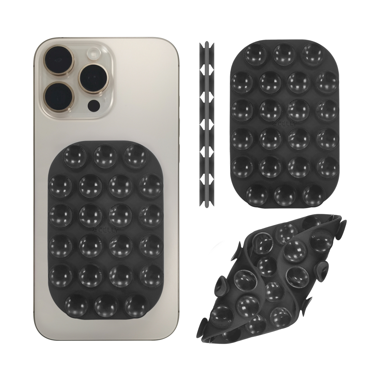 Un supporto nero con bottoni su una cover per telefono e altre viste.