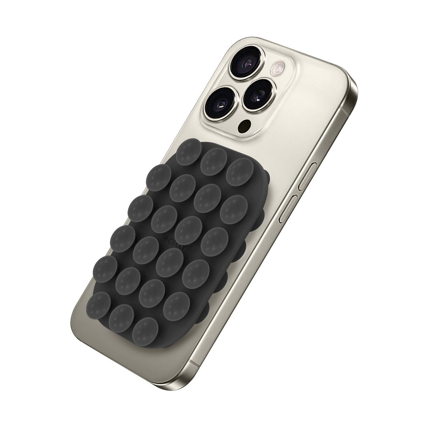 Uno smartphone argentato con un supporto a ventosa nero sul retro.