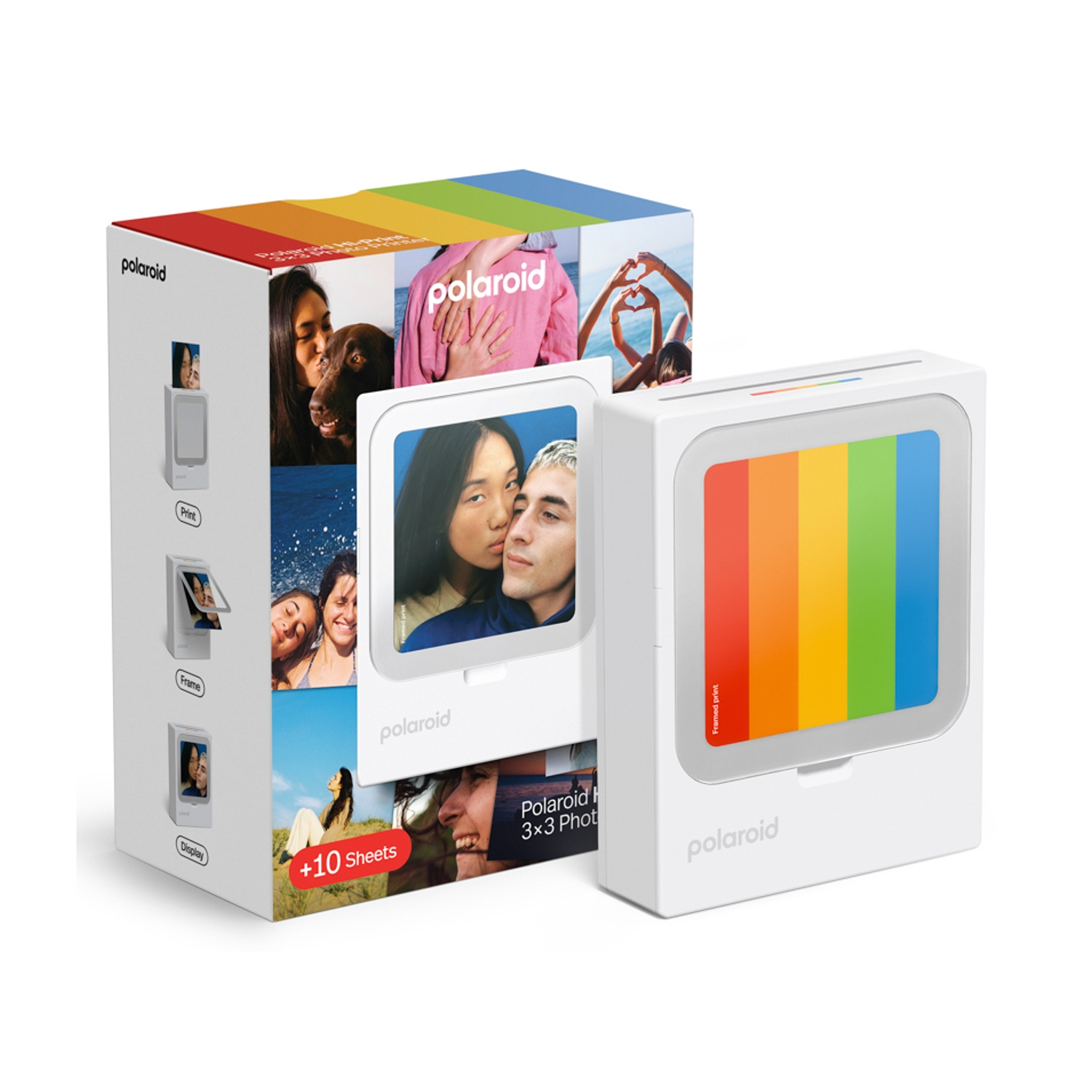 Scatola stampante Polaroid con design arcobaleno e stampante con display arcobaleno.