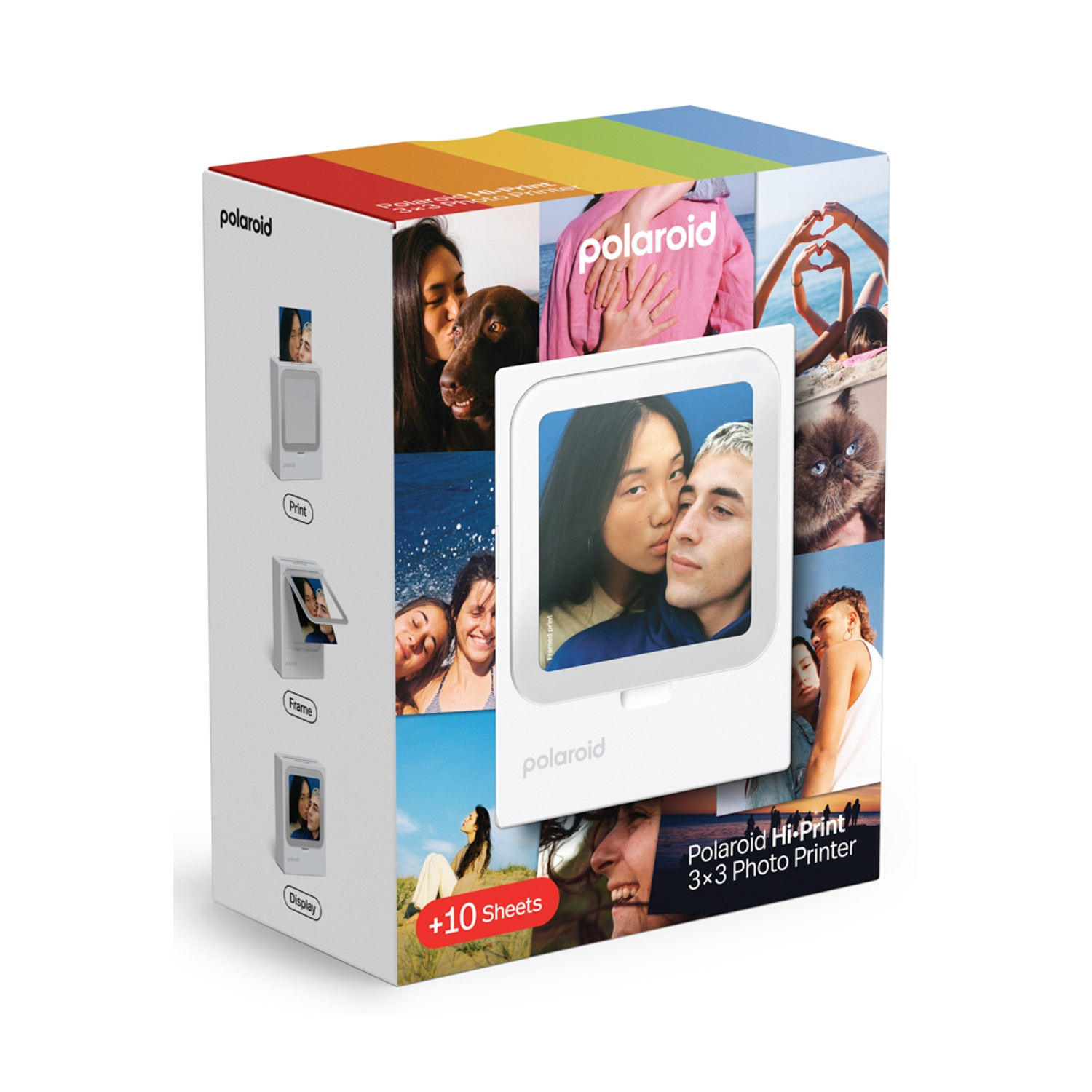 Scatola stampante foto Polaroid Hi-Print 3x3 con design arcobaleno e foto.