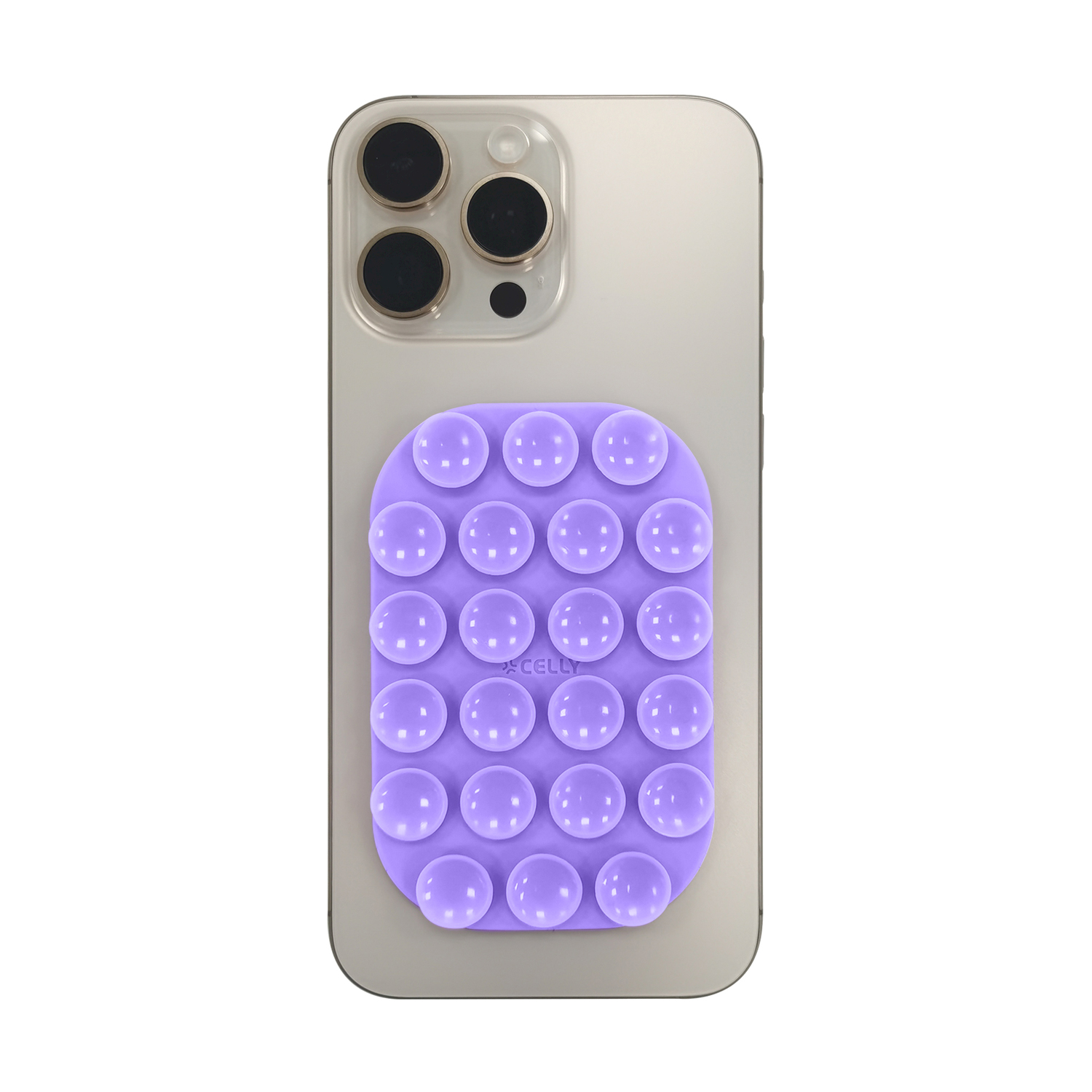 Una presa per telefono viola con molte bolle sul retro di un iPhone.