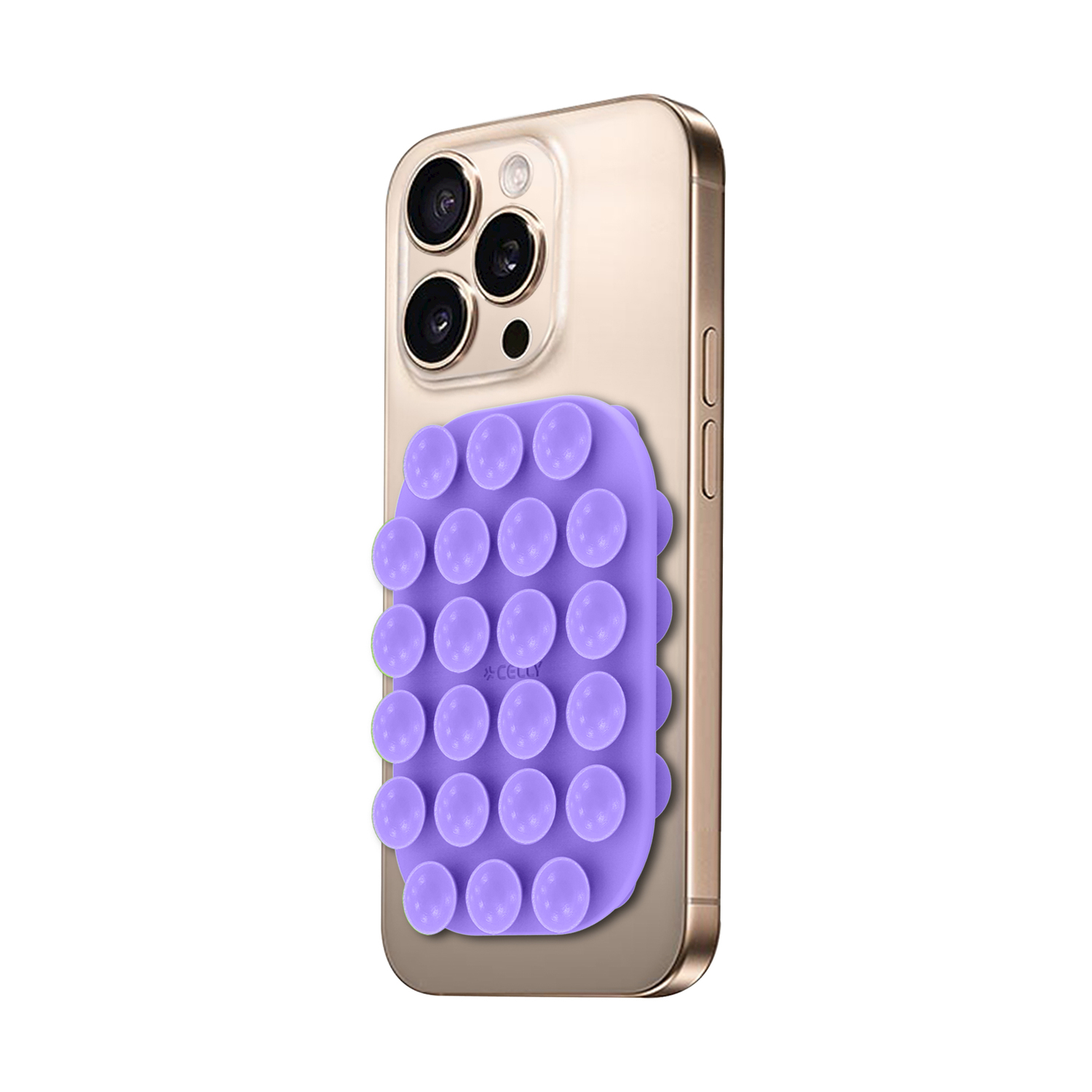 Telefono dorato con supporto a ventosa viola sul retro.