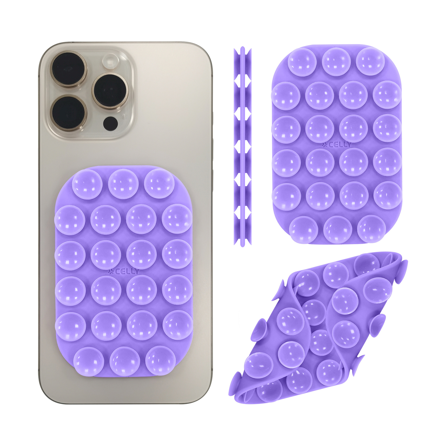 Una presa viola a bolle per telefono su un telefono, sfondo bianco.