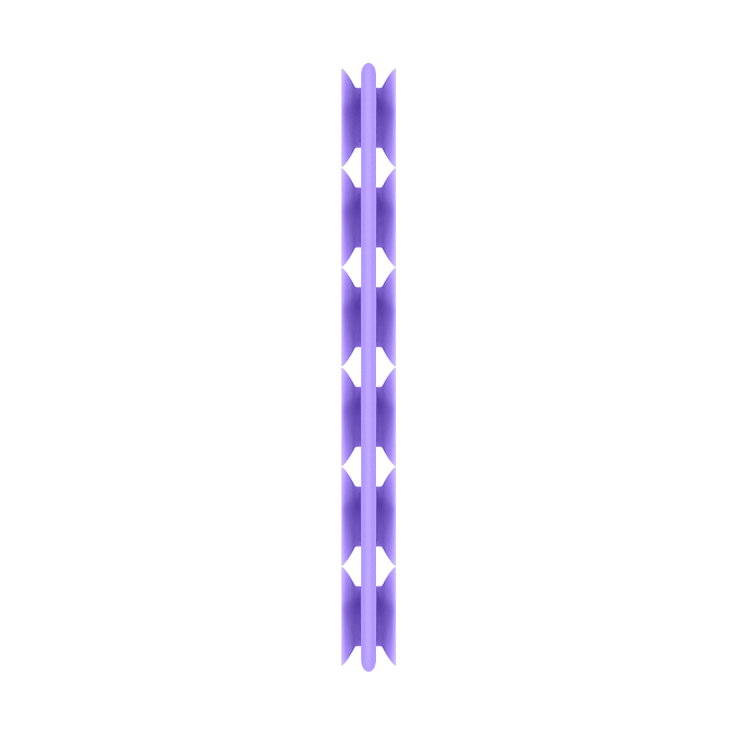 Un oggetto viola con più ritagli, allineato verticalmente su sfondo bianco.