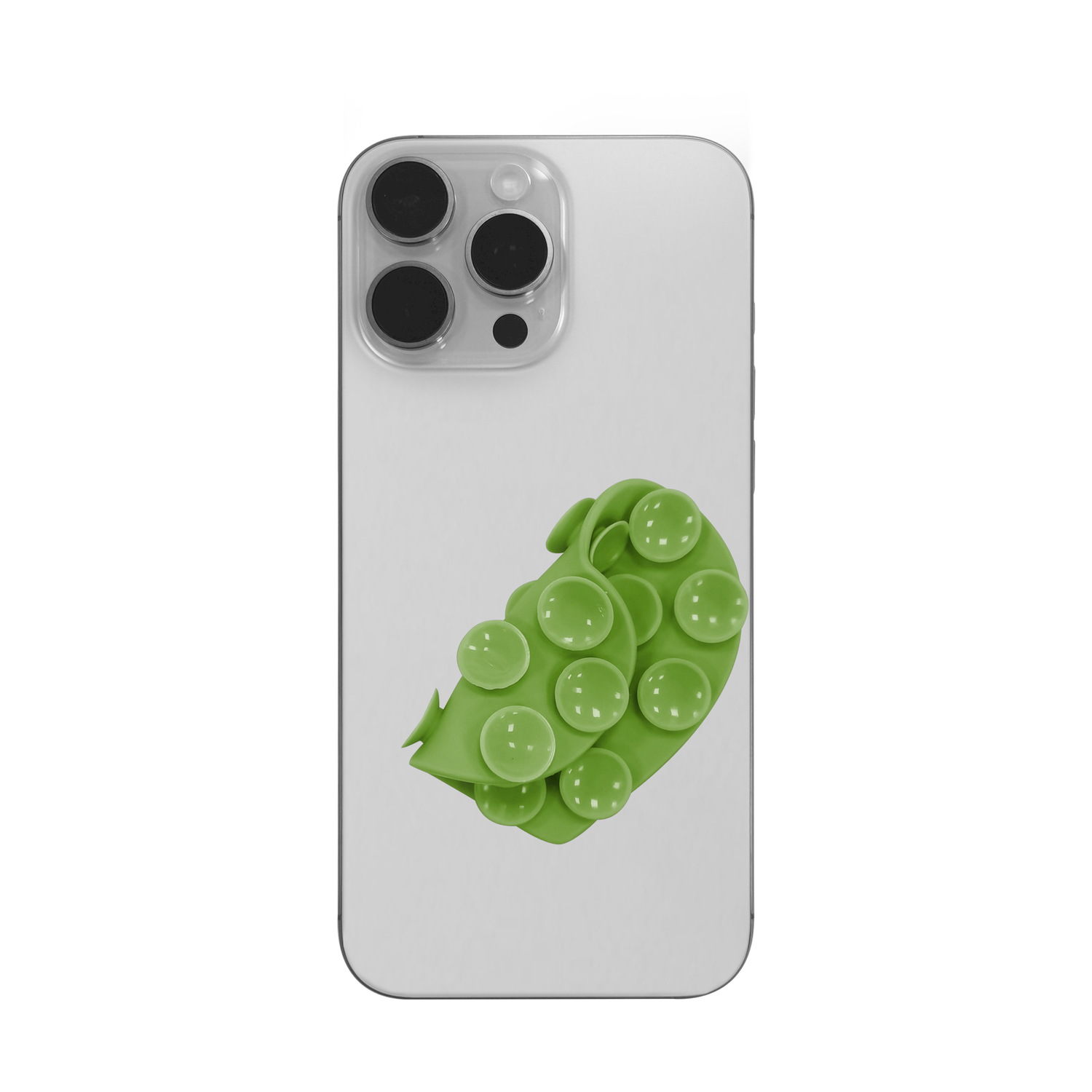 Un iPhone argento con un PopSocket verde a forma di pisello sul retro.
