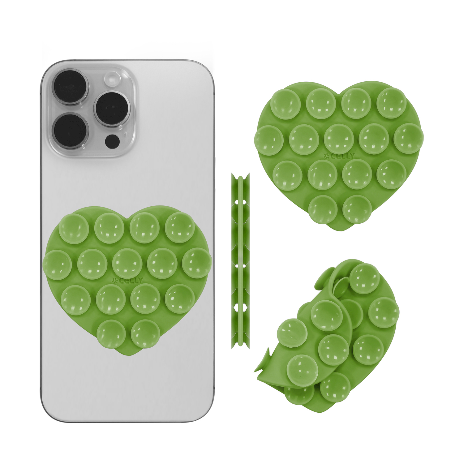 Un porta Pop It verde a forma di cuore per uno smartphone.