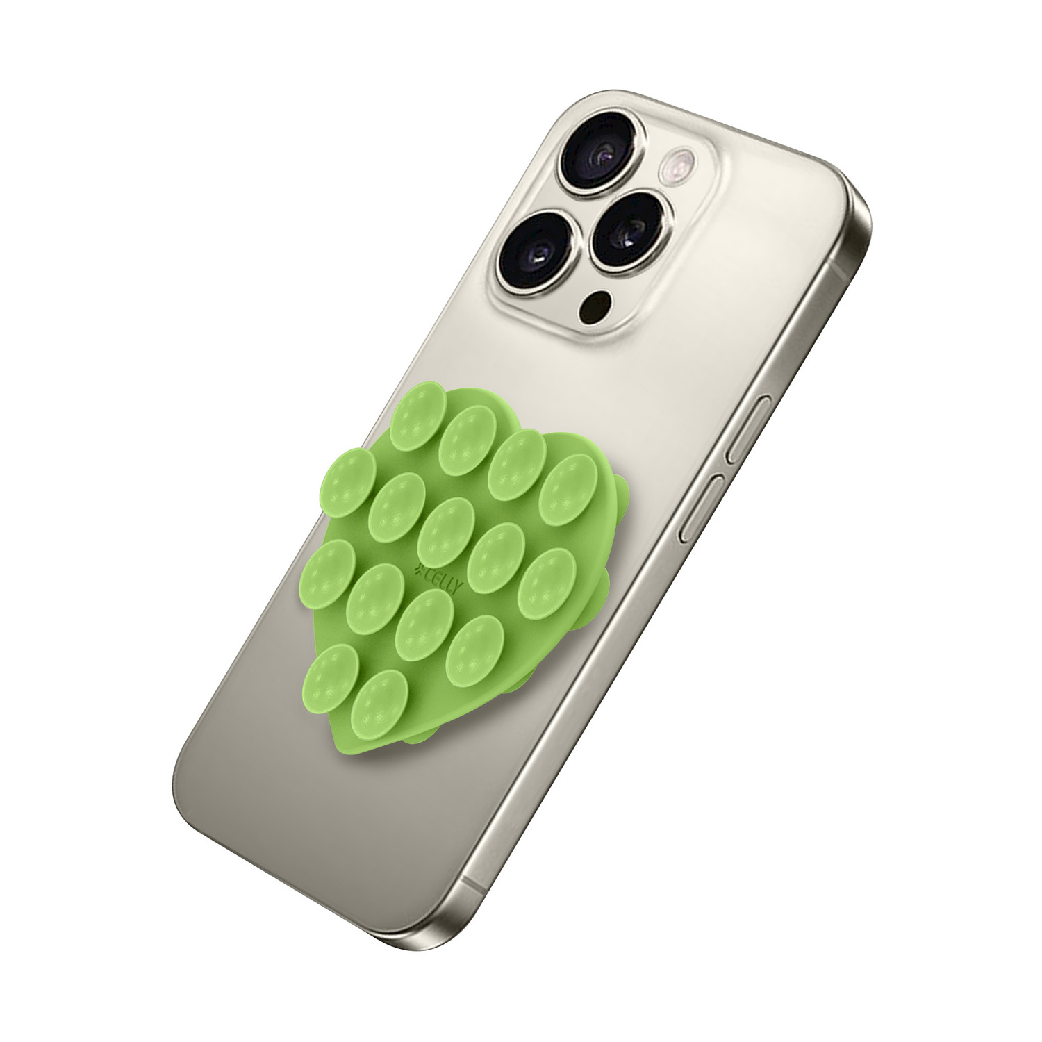 Un supporto per telefono verde chiaro a forma di cuore con ventose sul retro di uno smartphone argentato.