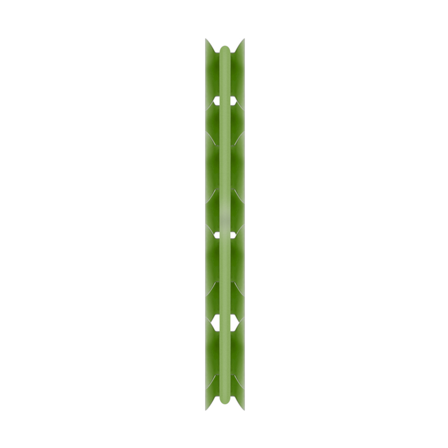 Un oggetto verde verticale con bordi ondulati e intagli.
