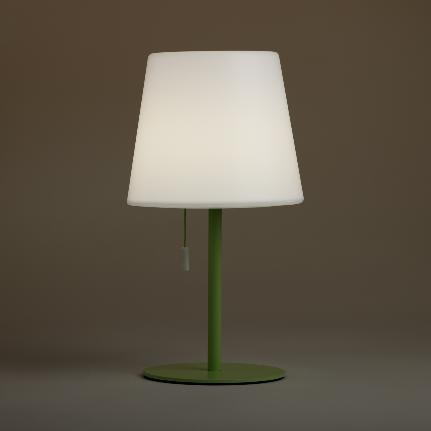 Una lampada bianca con base verde e interruttore a cordicella su sfondo marrone.