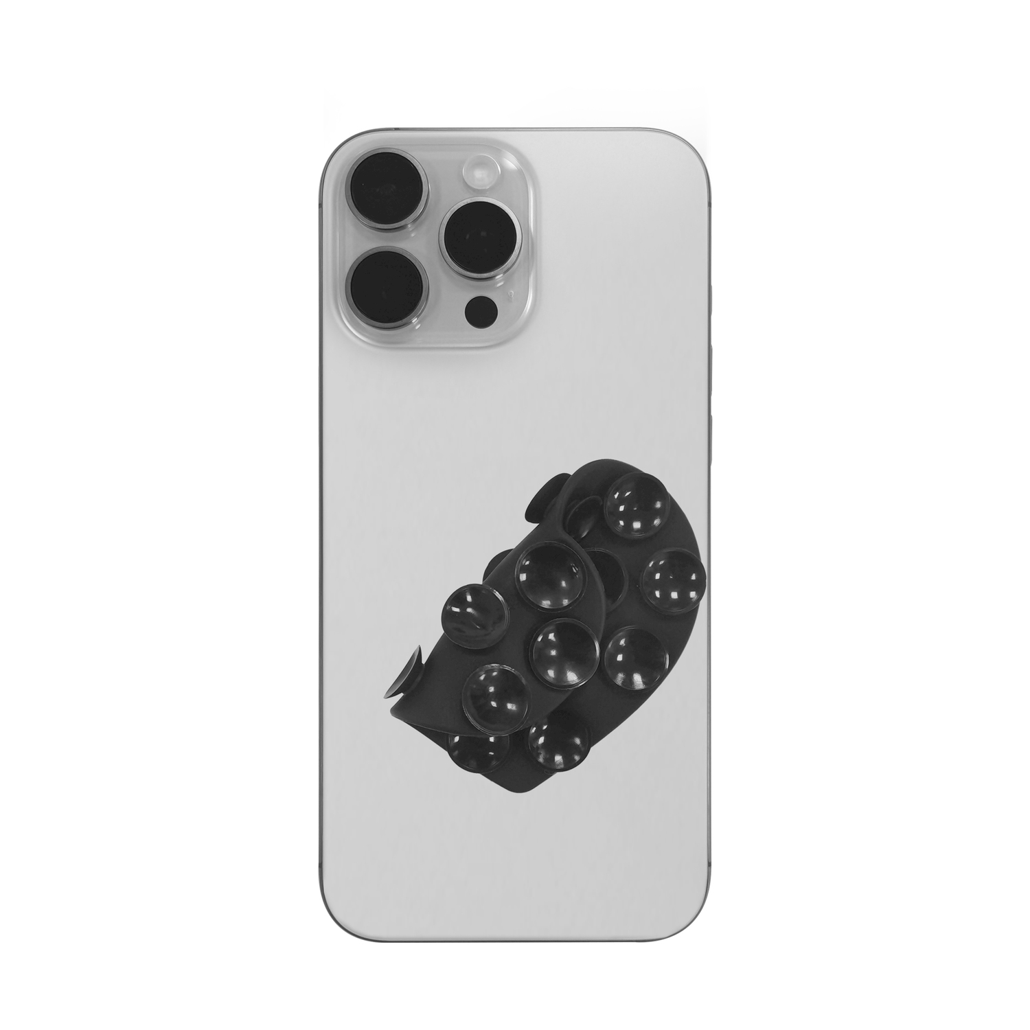 Uno smartphone bianco con una presa a polpo nera sul retro.