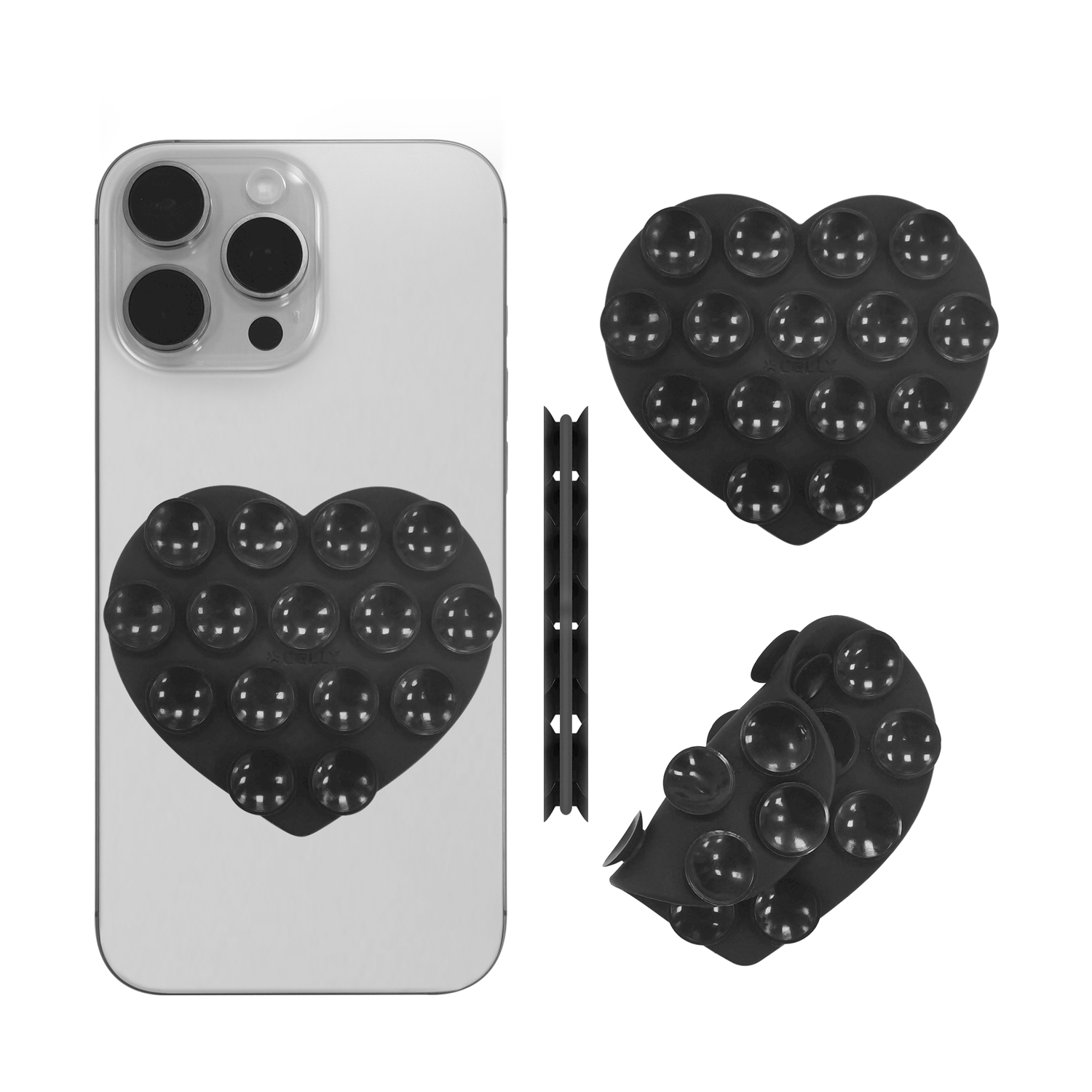 Porta ventosa nero a forma di cuore su un iPhone bianco con tre fotocamere.