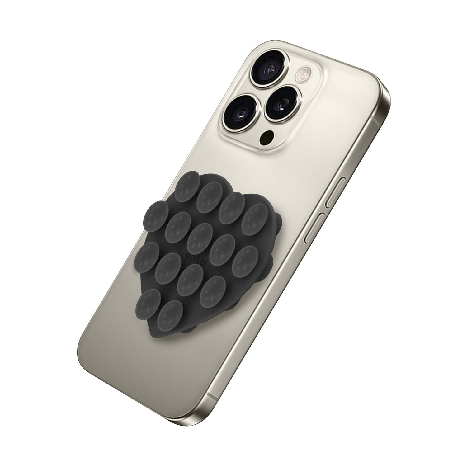 Un supporto per telefono grigio a forma di cuore con ventose su un iPhone chiaro.