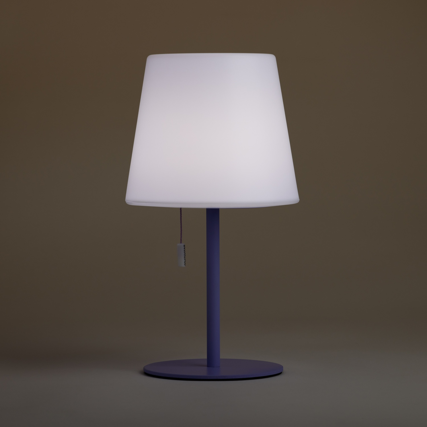 Una lampada da tavolo bianca con base e stelo viola.