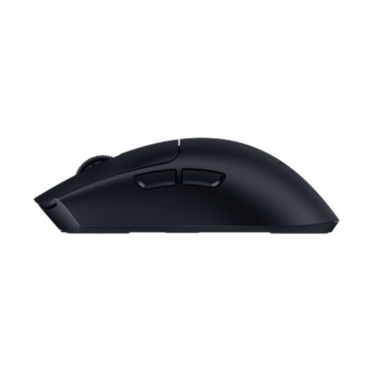 Mouse da gaming wireless nero con rotella di scorrimento e pulsanti laterali.