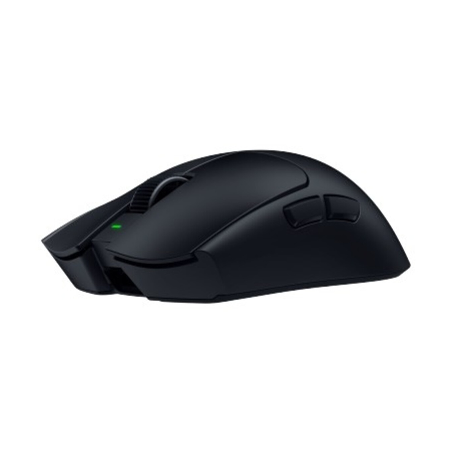 Mouse gaming wireless nero con rotellina e LED verde.