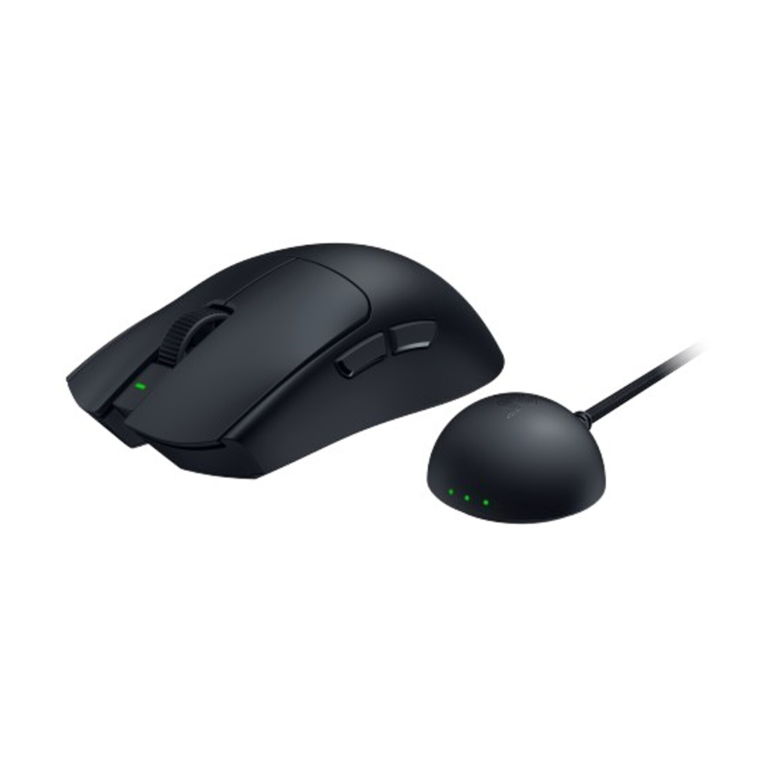 Mouse per computer nero e base di ricarica con luci LED verdi.