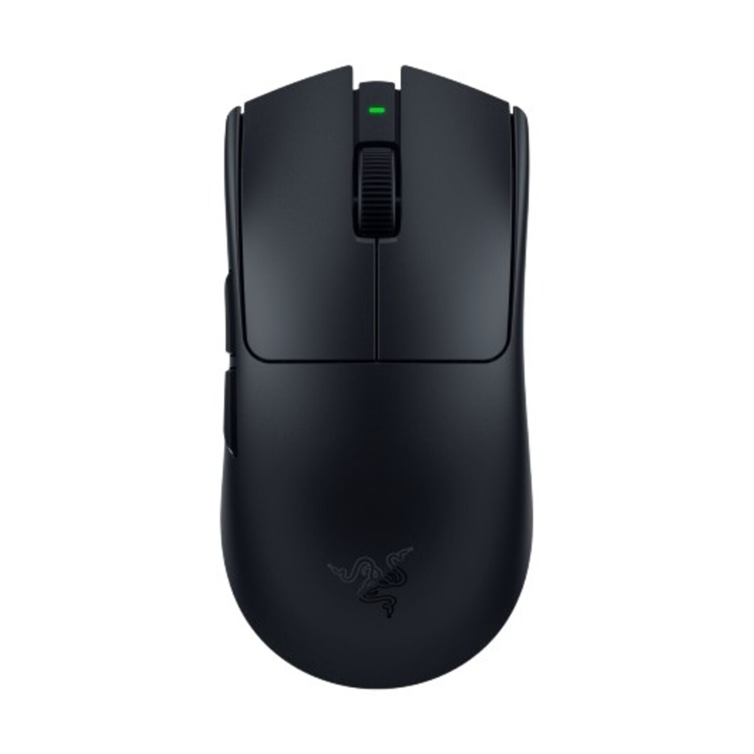 Mouse da gaming nero con rotella e spia verde.