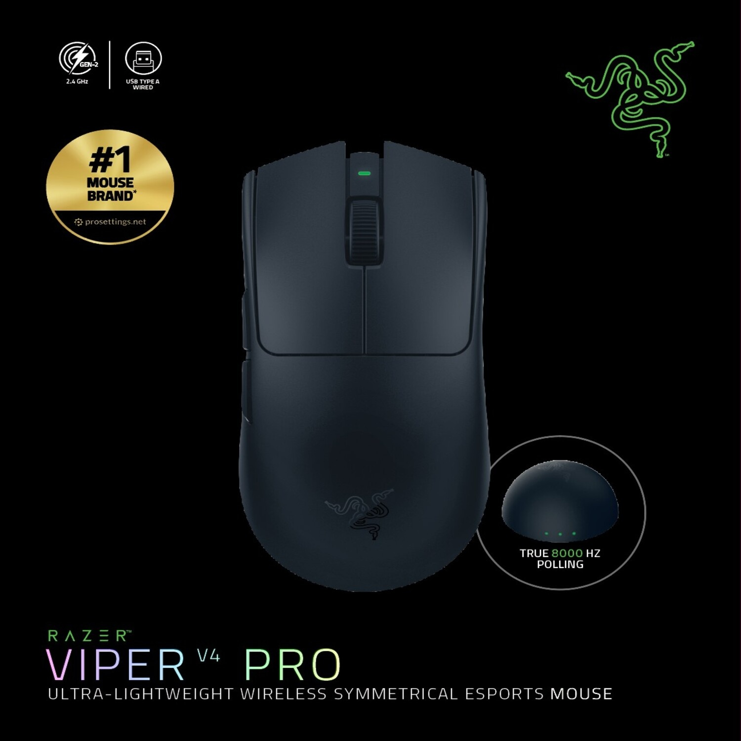 Mouse Razer Viper V4 Pro nero con accenti verdi. Presenta logo #1 Mouse Brand.