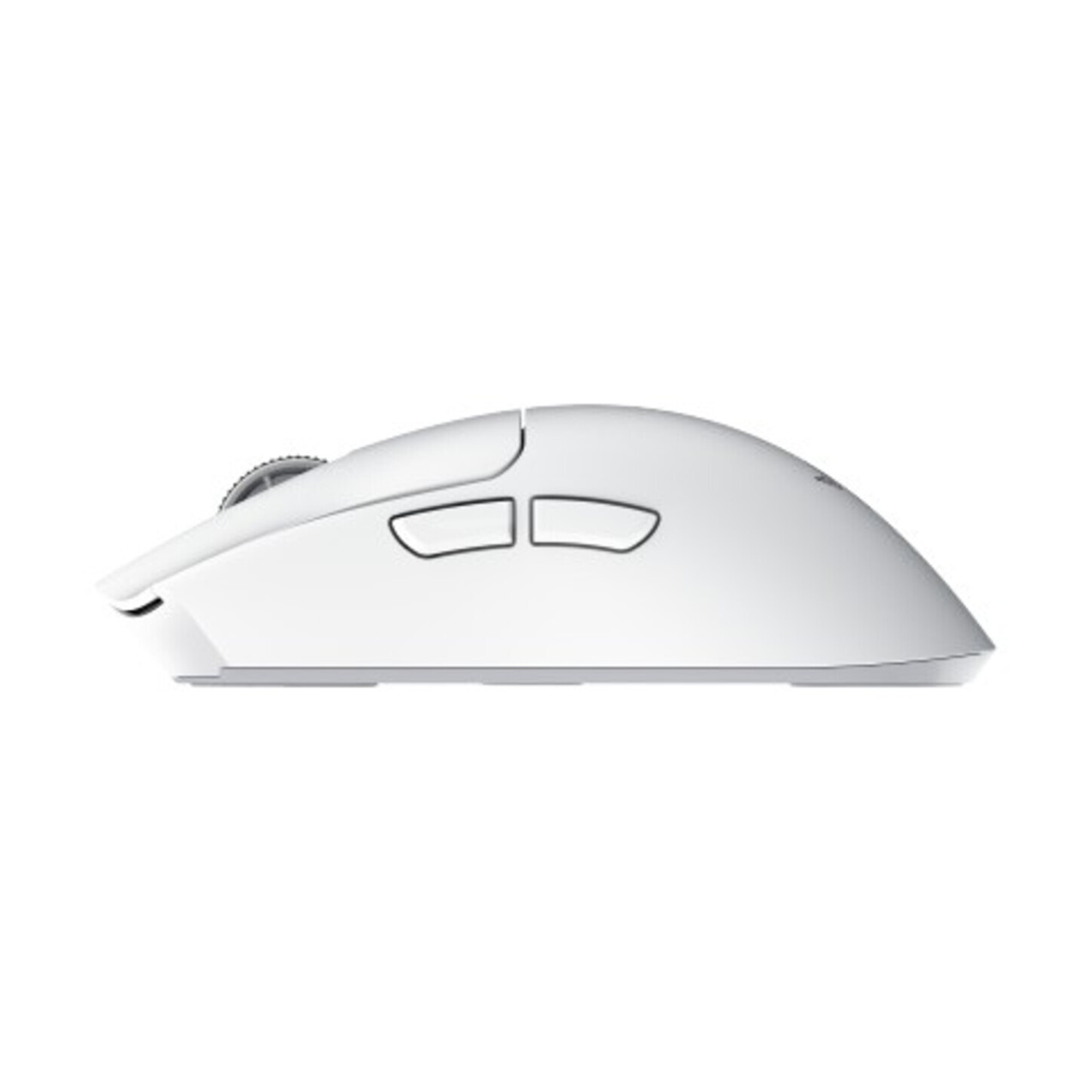 Un mouse wireless bianco è mostrato di lato su sfondo bianco.