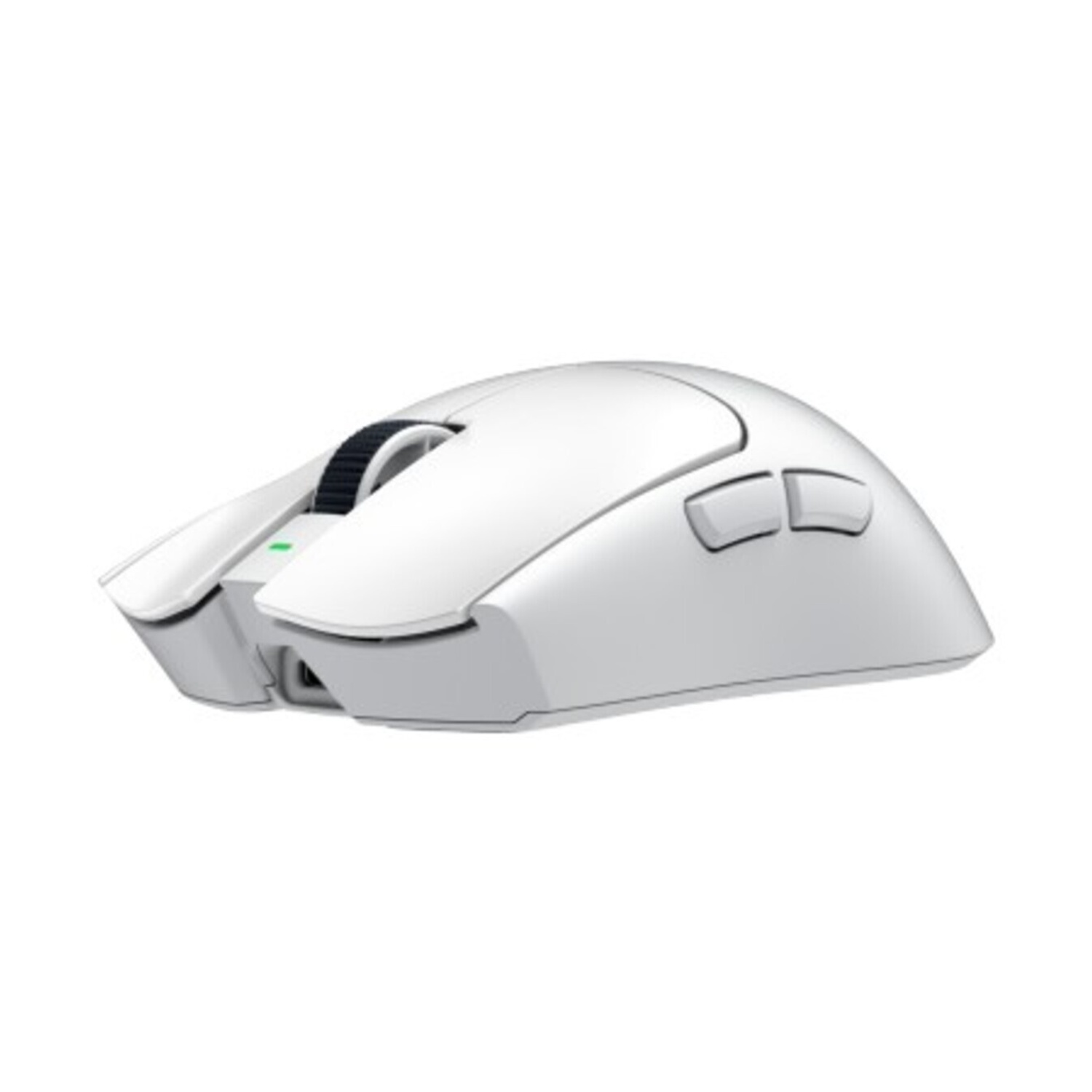 Un mouse bianco da gioco con rotella di scorrimento nera e due pulsanti laterali.