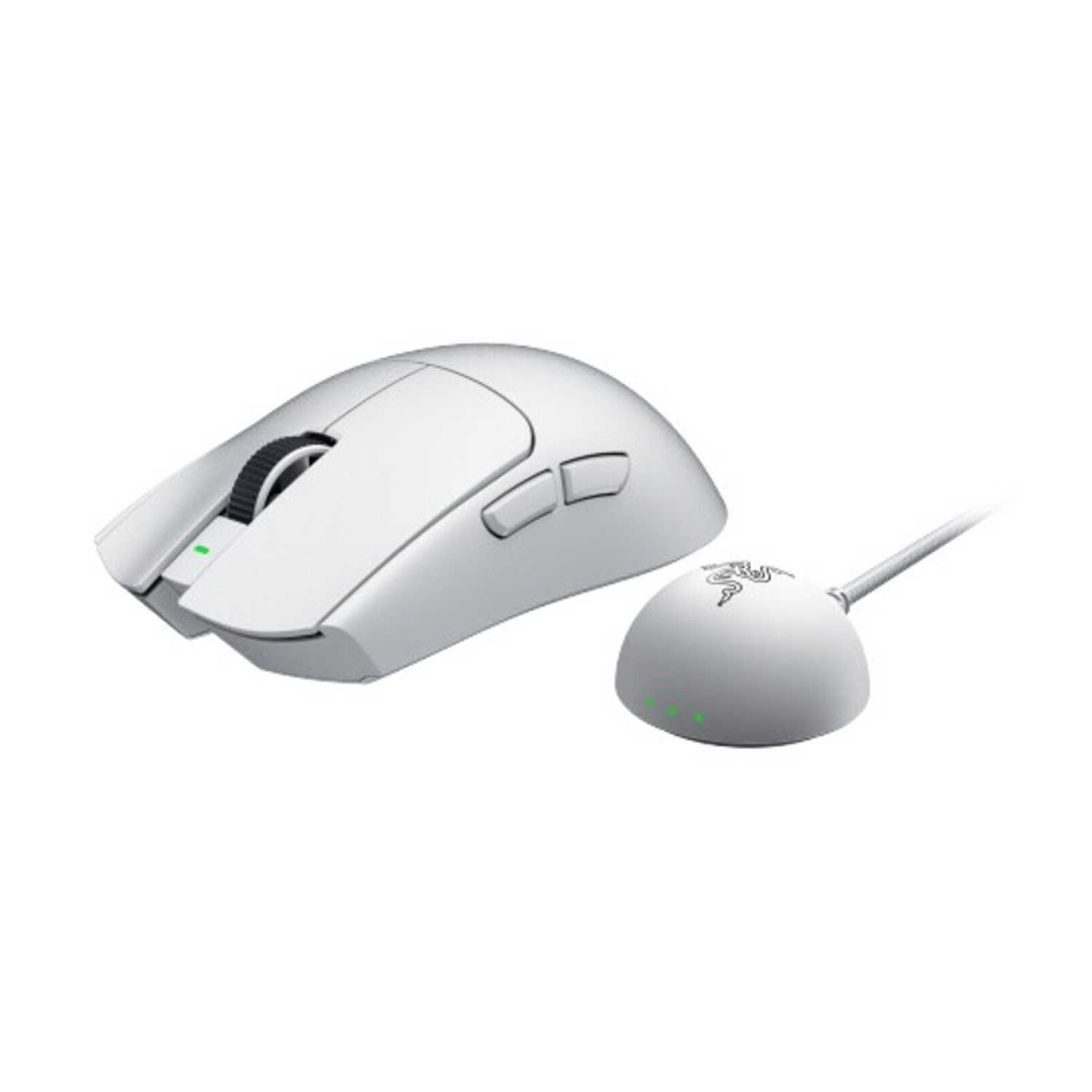 Un mouse da gaming bianco e il suo dock di ricarica con luci verdi.