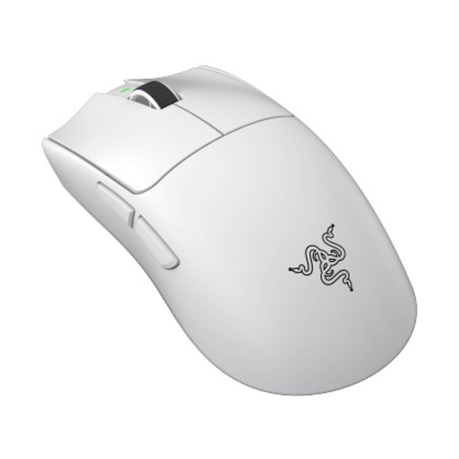 Un mouse da gioco bianco con rotellina nera e logo Razer.