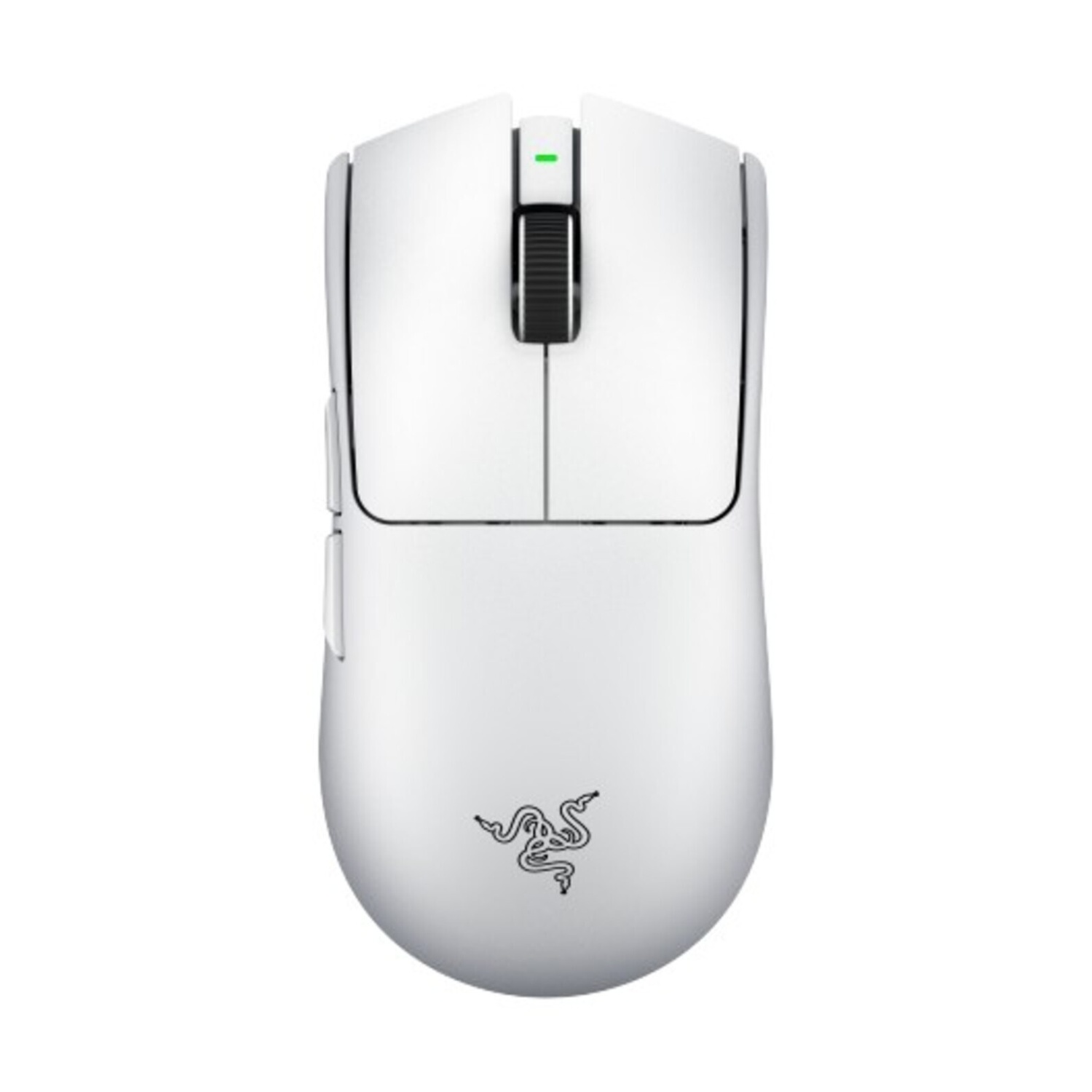 Un mouse da gaming bianco con rotellina nera e accento verde.
