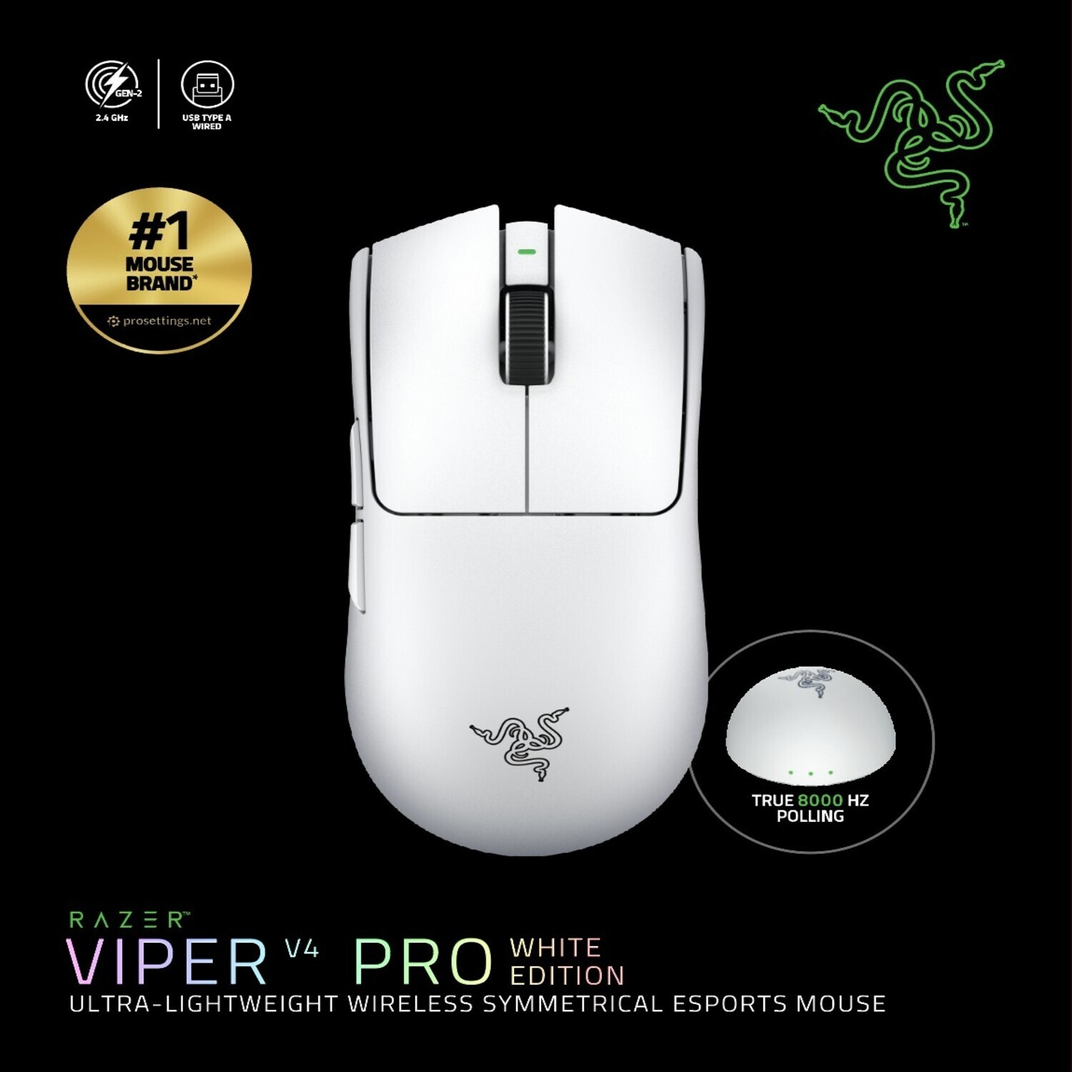 Mouse gaming Razer Viper V4 Pro bianco con logo, 2.4 GHz, cavo USB e polling 8000 Hz.