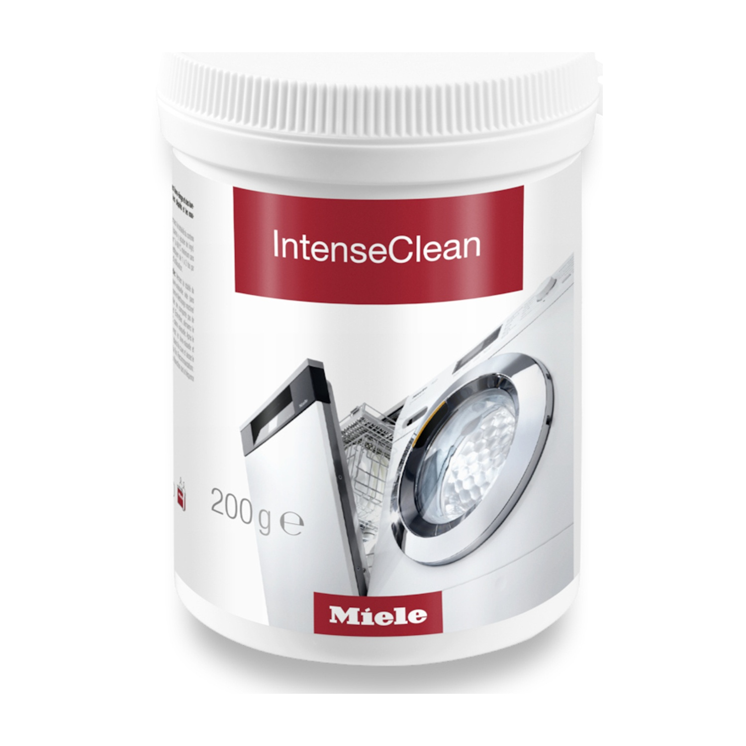 Contenitore Miele IntenseClean con immagini di lavatrice e lavastoviglie.