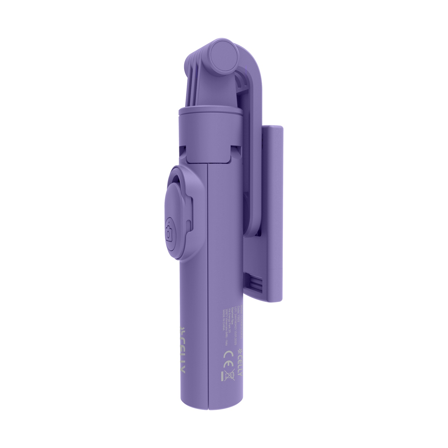 Un selfie stick viola chiuso con pulsante fotocamera e logo del marchio, su sfondo bianco.