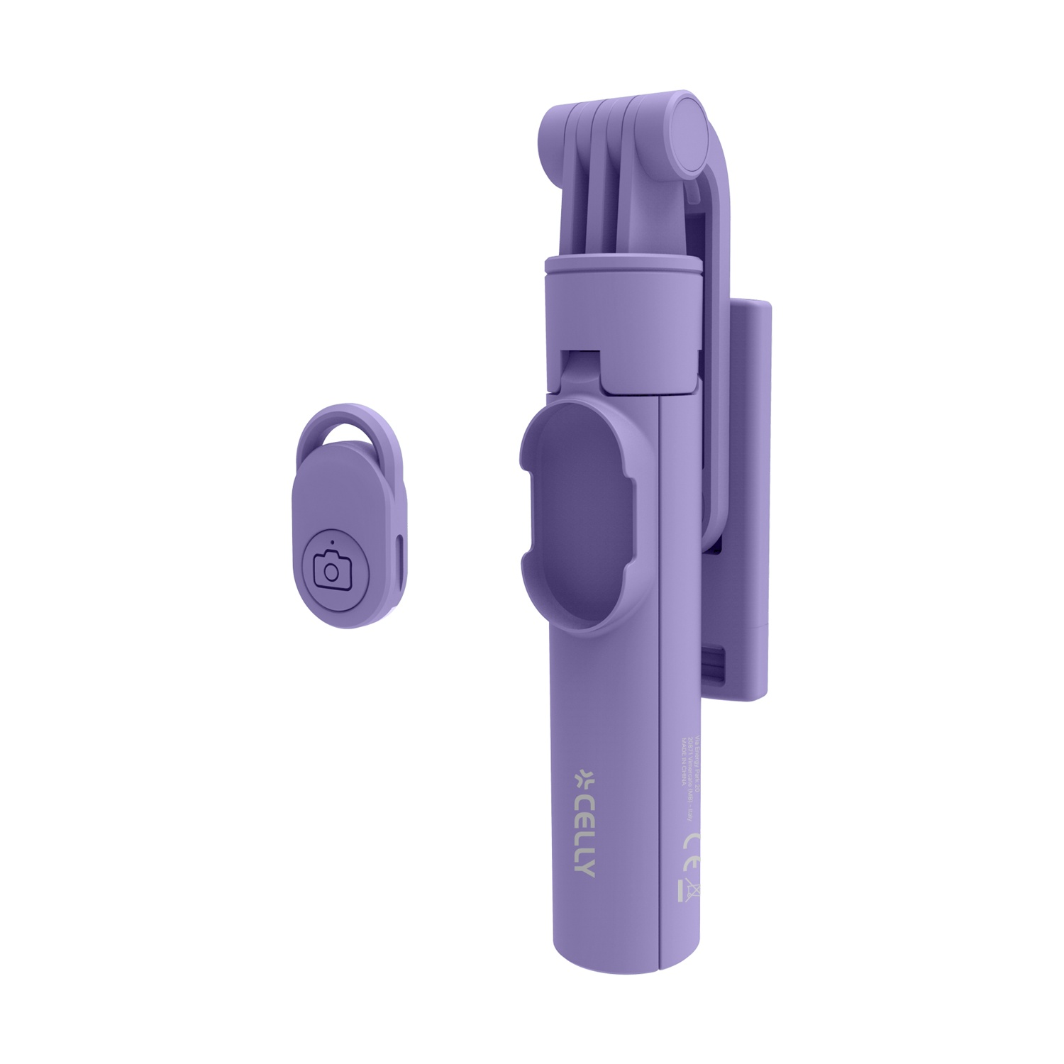 Un selfie stick e telecomando lavanda su sfondo bianco.