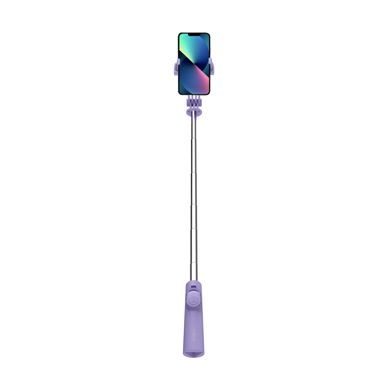 Un selfie stick viola con uno smartphone attaccato, su sfondo bianco.