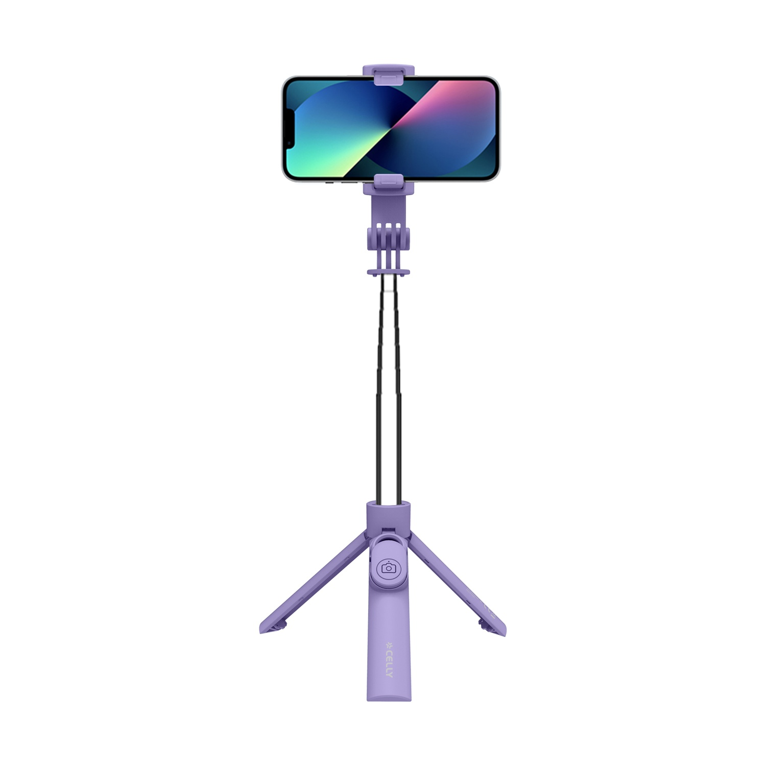 Bastone selfie viola con treppiede estensibile e supporto smartphone.