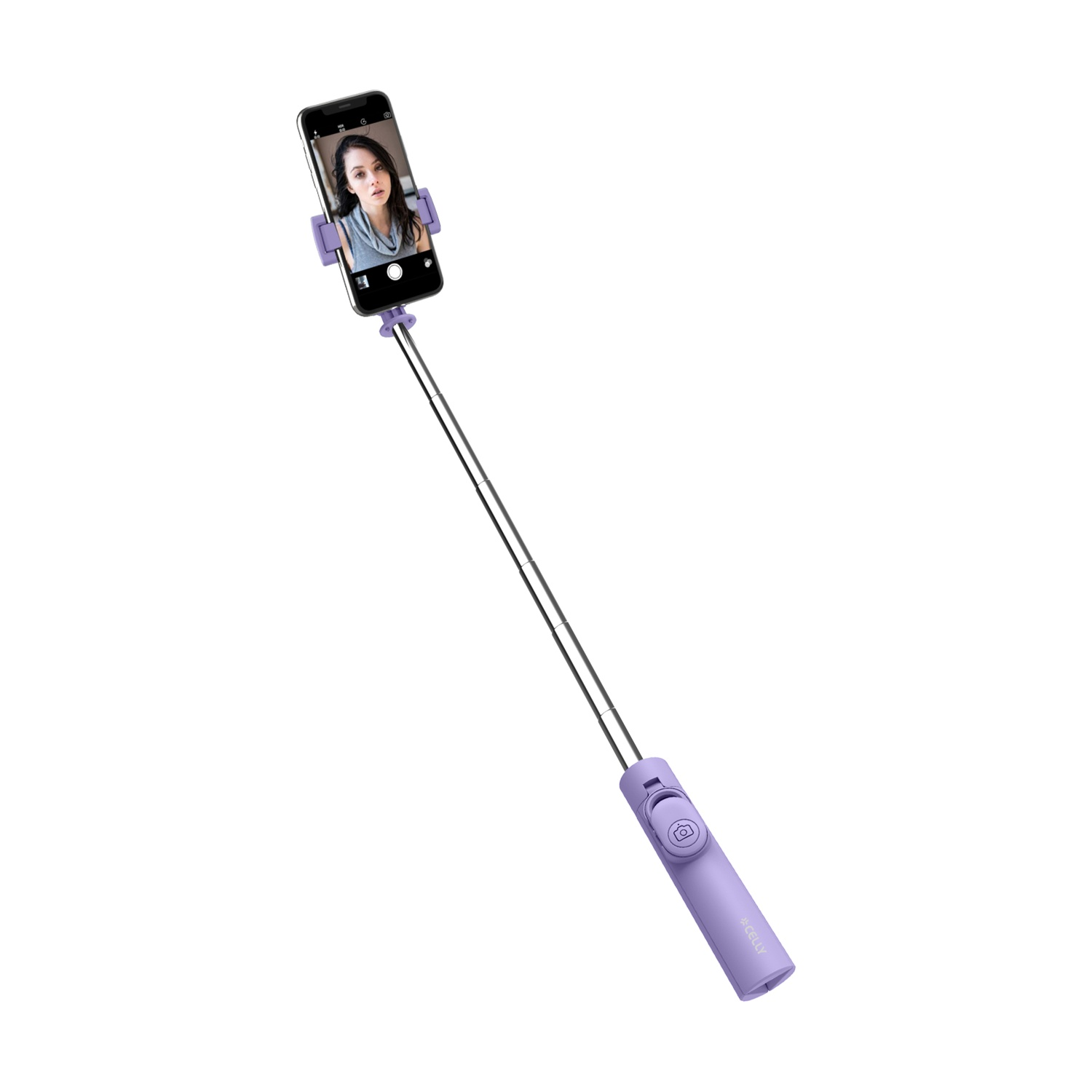 Un selfie stick viola con un telefono che scatta un selfie è esteso su uno sfondo bianco.