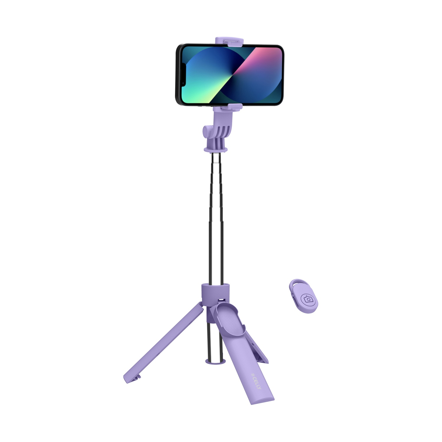 Un selfie stick viola con treppiede estensibile che tiene uno smartphone. Un piccolo telecomando Bluetooth è accanto.