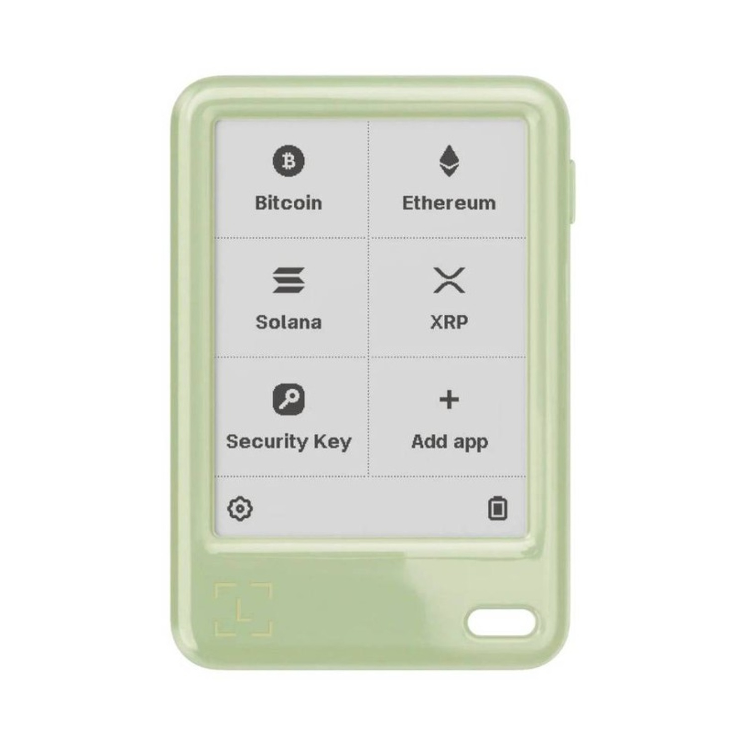 Un wallet hardware crypto verde chiaro mostra le icone Bitcoin, Ethereum, Solana, XRP, Security Key e Add app.