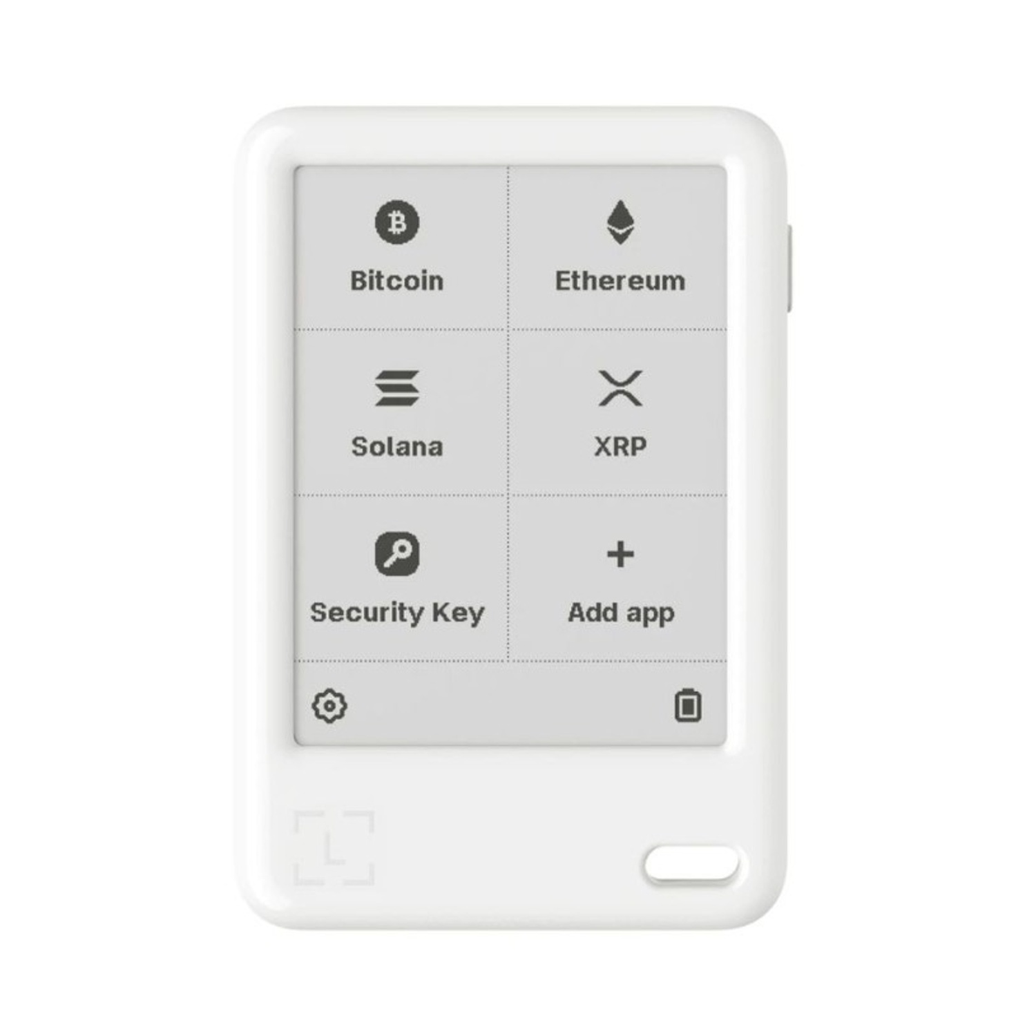 Un portafoglio crypto bianco che mostra Bitcoin, Ethereum, Solana, XRP, Security Key e Aggiungi app.