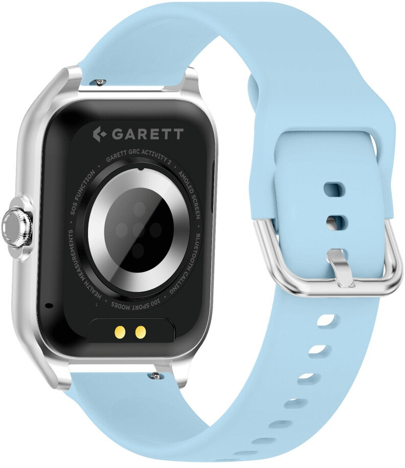 Jasnoniebieska opaska smartwatch jest przymocowana do srebrnej obudowy.
