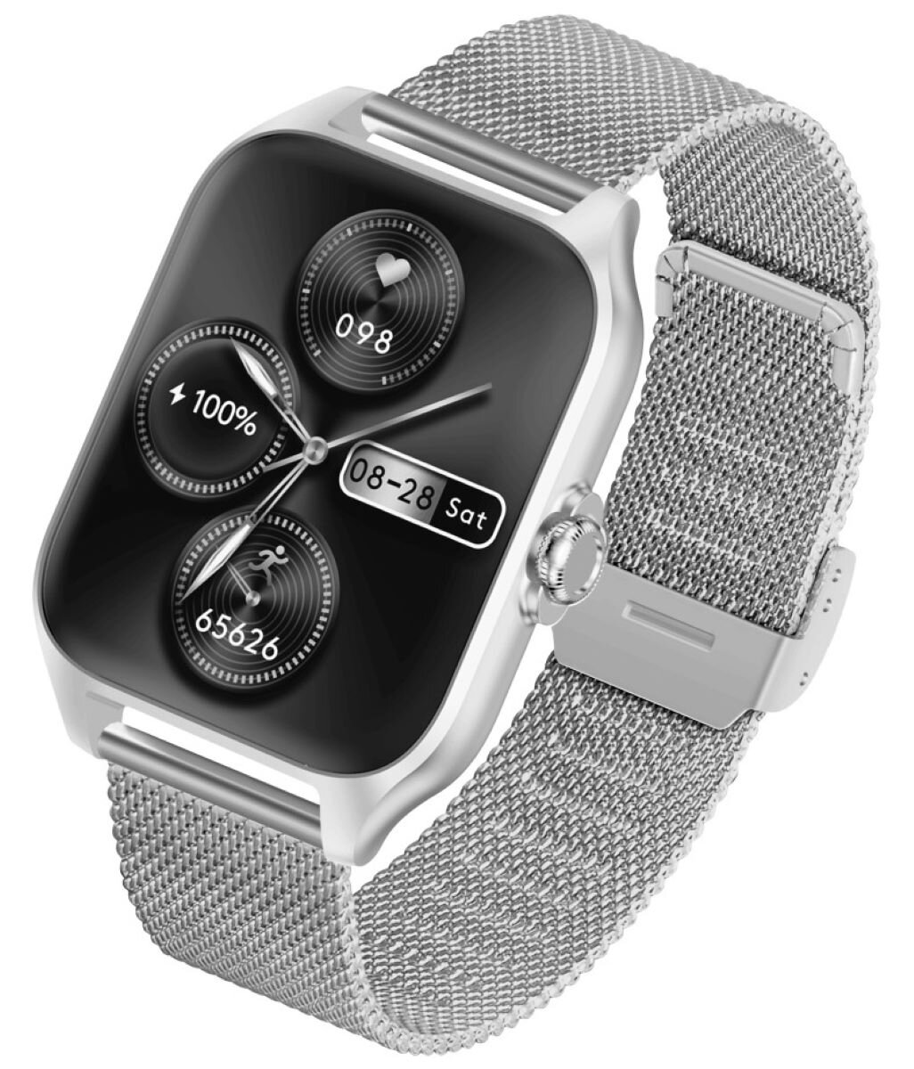 Srebrny smartwatch z kwadratowym wyświetlaczem i bransoletą mediolańską.