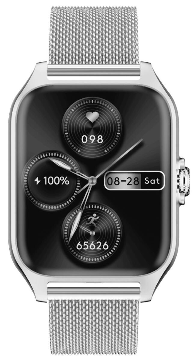 Srebrny smartwatch z siatkowym paskiem, pokazuje 100% baterii, 098 tętna, 65626 kroków, datę 08-28.
