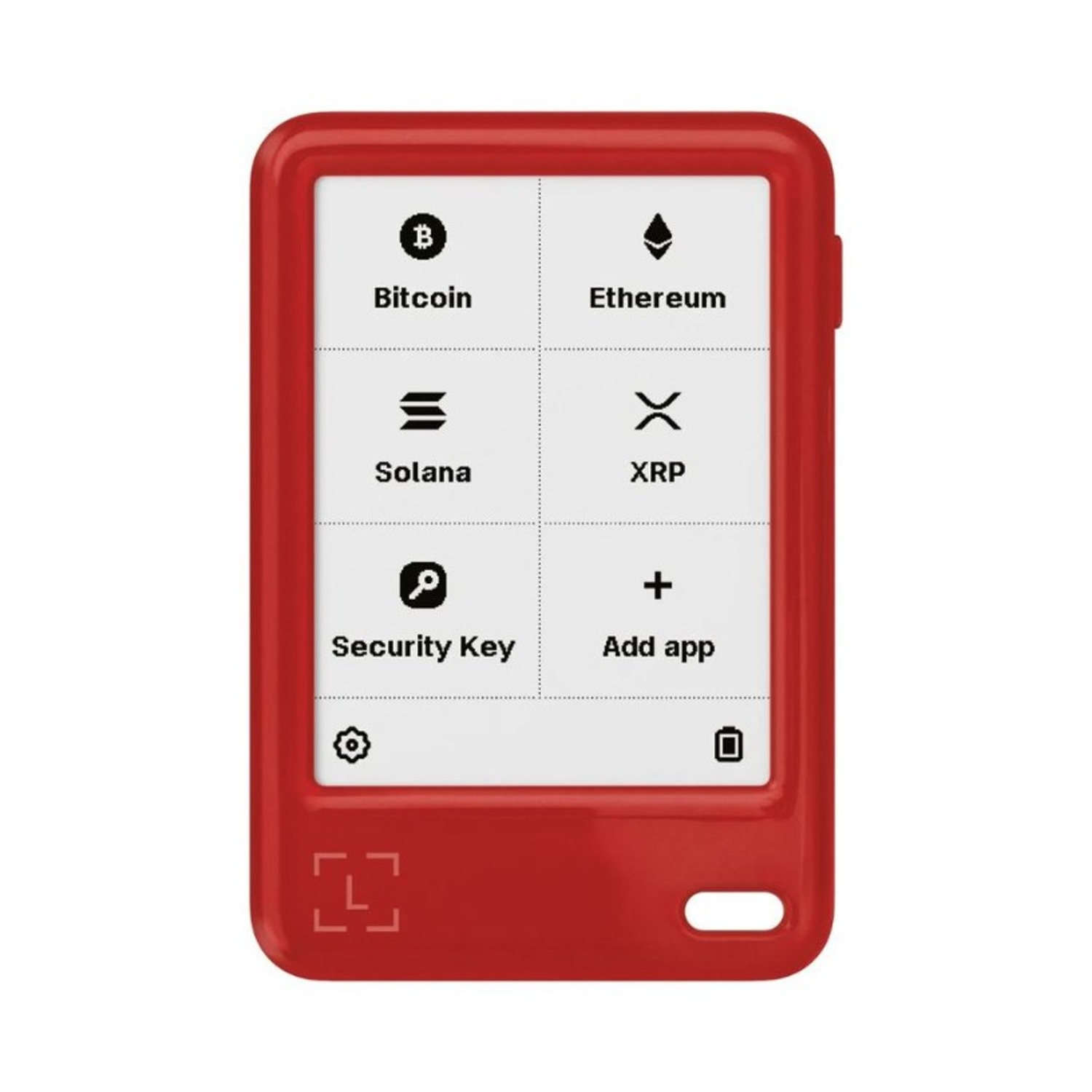 Portafoglio hardware rosso che mostra Bitcoin, Ethereum, Solana, XRP, Security Key.