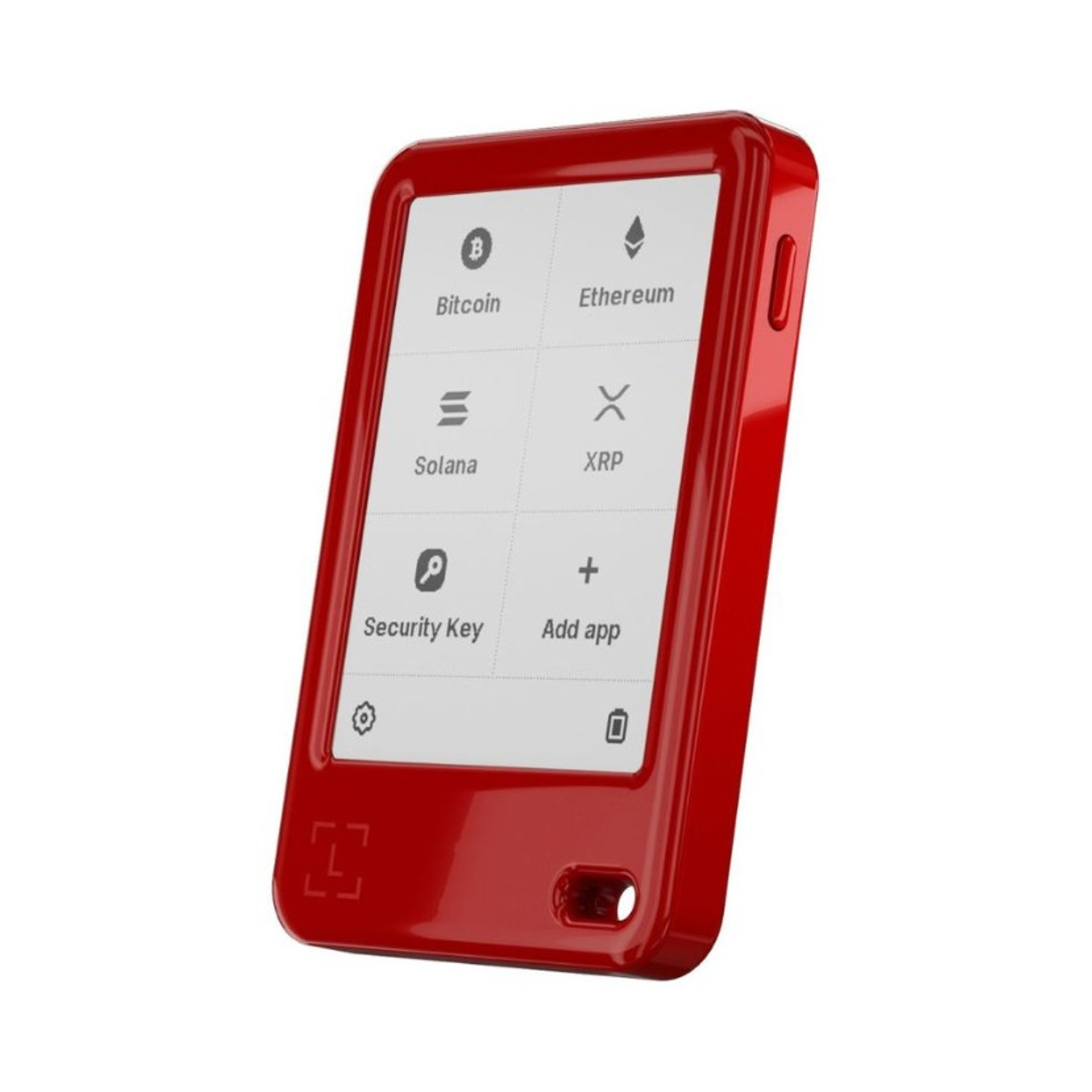 Un portafoglio crypto rosso che mostra Bitcoin, Ethereum, Solana, XRP, Security Key e Aggiungi app.